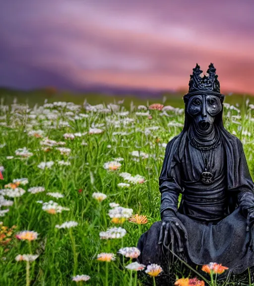 Image similar to mystical black death god statue in graveyard surrounded tall meadow of flowers, dslr photo, grainy, high detail, high resolution