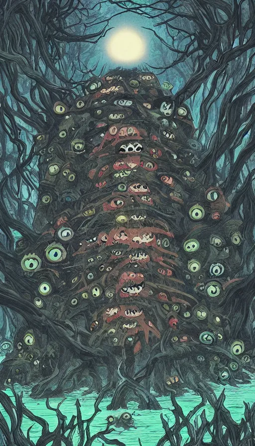 Image similar to a storm vortex made of many demonic eyes and teeth over a forest, by studio ghibli