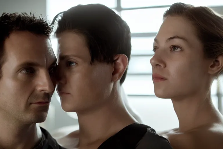 Image similar to movie closeup polar opposites, couple, researchers in a futuristic weapons lab, beautiful skin, Symmetrical faces. Beautiful lighting by Emmanuel Lubezki