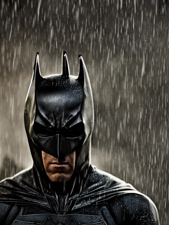 Prompt: film still, ryan reynolds as batman, maskless!!!, hyperrealism, moody lighting, rain, intricate, 8 k