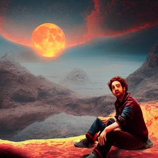 Image similar to gustavo cerati sitting on the red moon, digital art, matte painting, render unreal engine, highly detailed,