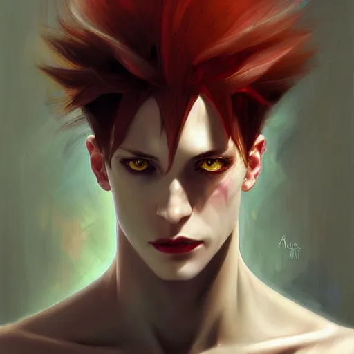 Prompt: portrait of hisoka morow hunter hunter male thin lips small eyes very thin pursed lips extremely sharp jaw yellow iris almond almond eyes squinting eyes dark red hair soft hair slicked back crimson hair anime, elegant, highly detailed, digital painting, artstation art by ruan jia and greg rutkowski and alphonse mucha madonna bowie