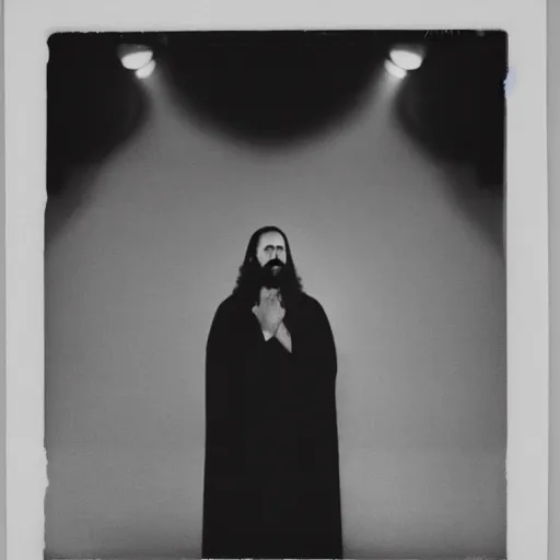 Image similar to photo of Jesus Christ by Diane Arbus, black and white, high contrast, Rolleiflex, 55mm f/4 lens