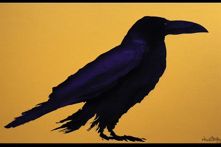 Prompt: beautiful serene smart raven, healing through motion, minimalistic golden and purple ink airbrush painting on white background