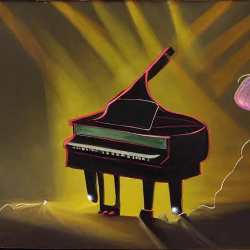 Image similar to a painting of a jellyfish playing the piano on stage in the spotlight