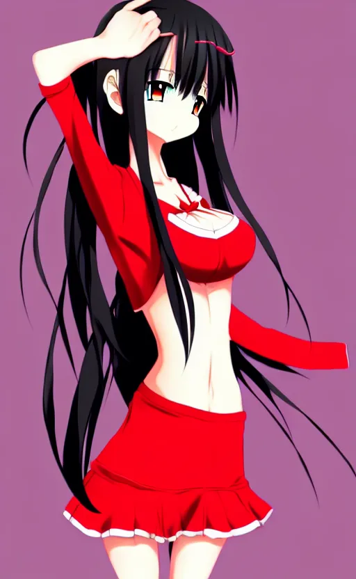 Image similar to anime girl with a detailed face and black hair in a red outfit, full body, trending, illustration