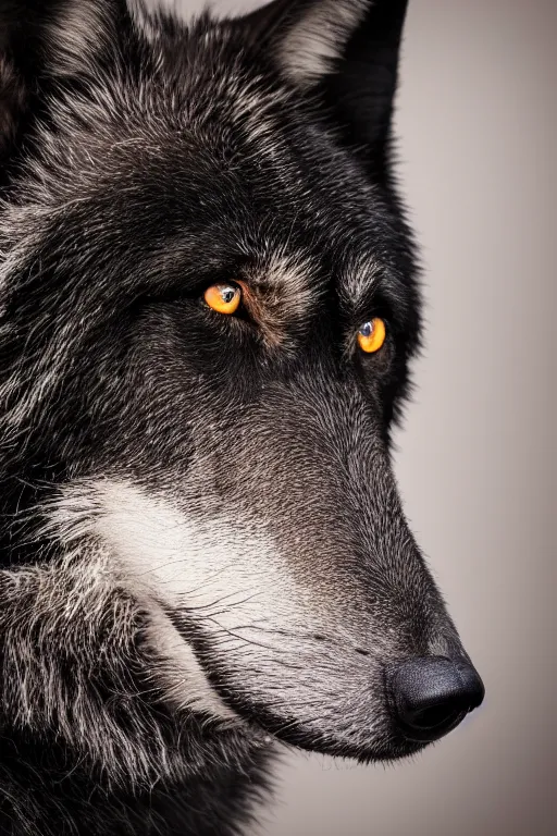 Image similar to a black wolf sitting alone with white eyes, studio lighting