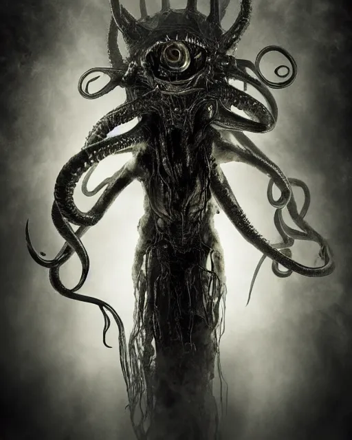 Prompt: gruesome creature with long tentacles and many eyes, endless eyes, glowing eyes, too many eyes, midnight fog - mist!, cinematic lighting, various refining methods, micro macro autofocus, ultra definition, award winning photo, photograph by ghostwave - gammell - giger - shadowlord