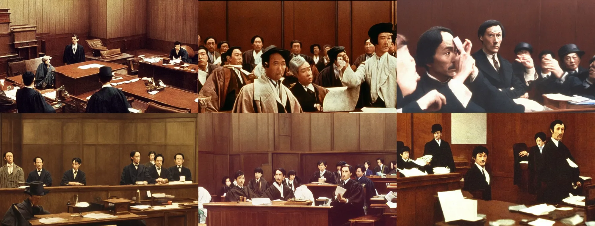 Prompt: full color still of Sherlock Holmes in a courtroom of law in the Meiji era Tokyo, 150mm lens by Akira Kurosawa, 1980 cinematography