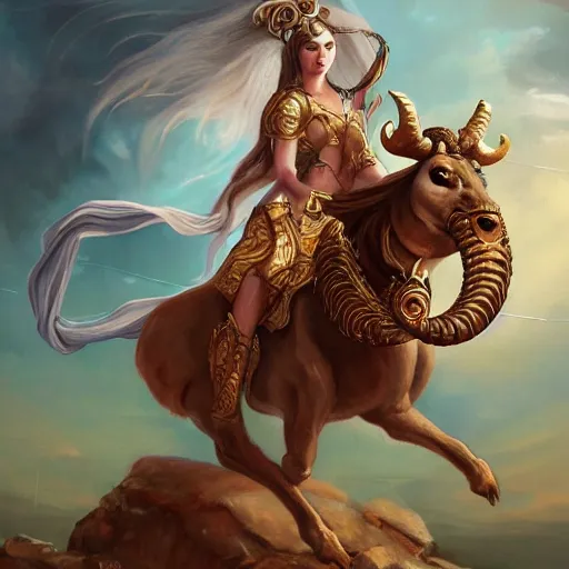 Image similar to a goddess riding a ram while checking her cell phone. fantasy art for the zodiac sign aries by senior concept artist josaphine wall, acrylic on canvas, intricately detailed, high resolution trending on artstation