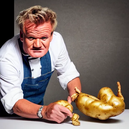 Image similar to Gordon Ramsey berating a potato, studio photography