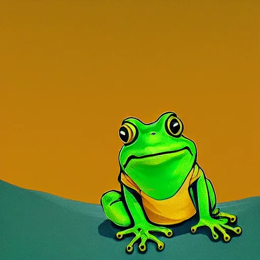 Image similar to anthropomorphic frog urinating into yellow ocean