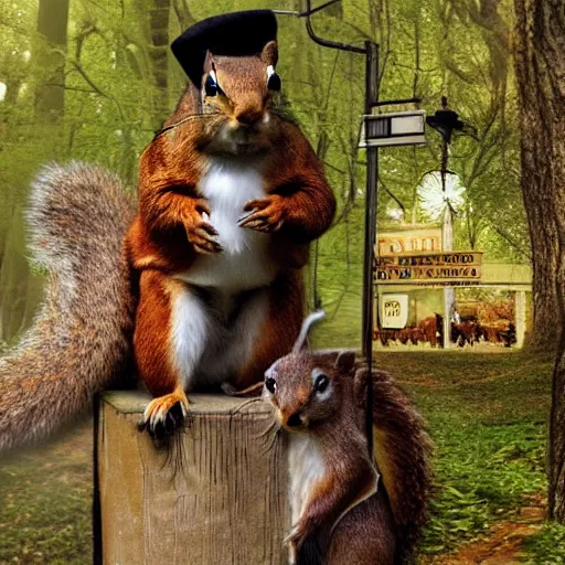 Prompt: an environmental portrait of squirrels dressed as Sherlock Holmes and Watson