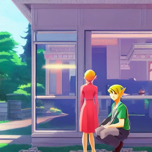 Prompt: Zelda and Link, anime, 4k, art style of Edward Hopper and James Gilleard, new realism,