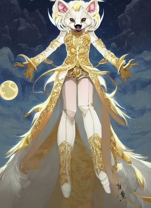 Image similar to commissioned full body portrait of a female anthro werewolf fursona with white hair wearing a white and gold chinese armored dress in a white and gold palace on a starry night with a large rescent moon, by a professional manga illustrator, Stanley Artgerm Lau, WLOP, Rossdraws, James Jean, Andrei Riabovitchev, Marc Simonetti, and Sakimichan, trending on artstation