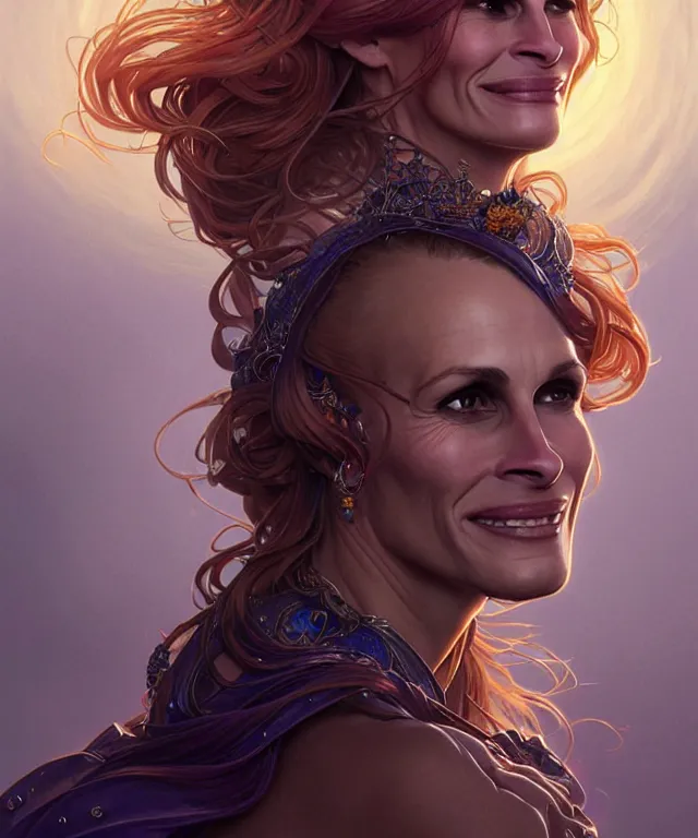 Prompt: Julia Roberts as a fantasy magic woman portrait, sci-fi, amber eyes, face, long hair, fantasy, intricate, elegant, highly detailed, digital painting, artstation, concept art, smooth, sharp focus, illustration, art by artgerm and greg rutkowski and alphonse mucha