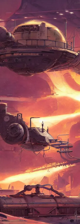 Image similar to old rusting cargo space ship, rusty work spaceship with bolted on upgrades and a glowing engine illustrated by greg tocchini, jesper ejsing and makoto shinkai