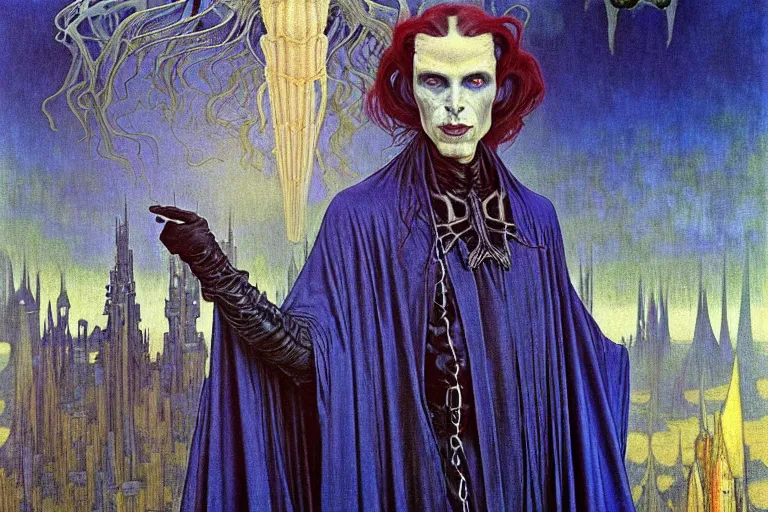 Image similar to realistic extremely detailed portrait painting of an elegantly creepy vampire man in a cape, futuristic sci-fi castle on background by Jean Delville, Amano, Yves Tanguy, Alphonse Mucha, Ernst Haeckel, Edward Robert Hughes, Roger Dean, rich moody colours, blue eyes