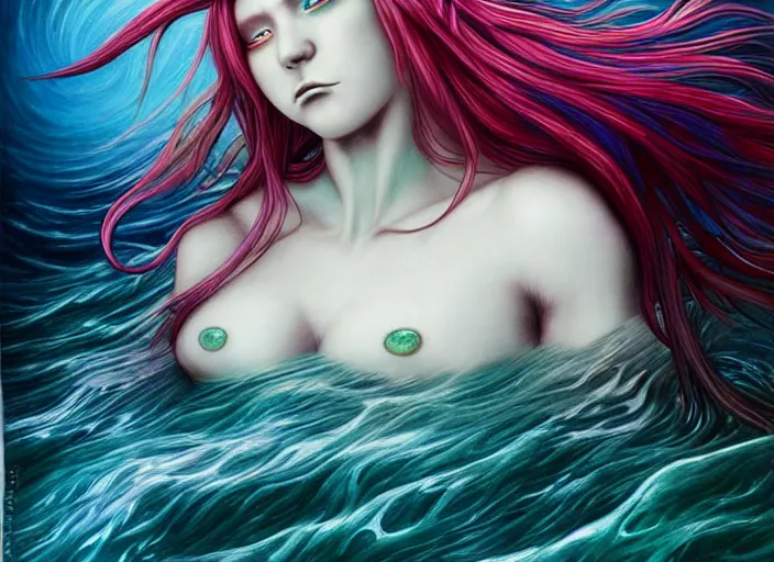 Image similar to realistic detailed image of a mermaid with rainbow hair swimming in an angry, stormy sea, anime art, anime, inspired by Mark Ryden and Zdzislaw Beksinski, gothic, rich deep colors. A masterpiece.