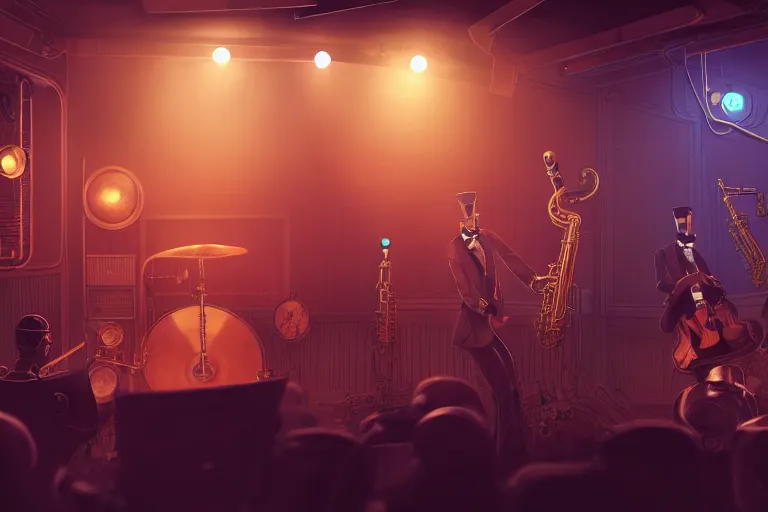 Image similar to 3 steampunk robot jazz musicians playing at a night club, focus on the musicians, cinematic lighting, exaggerated detailed, unreal engine, octane render, trending on artstation, art by greg rutkowski, 4 k