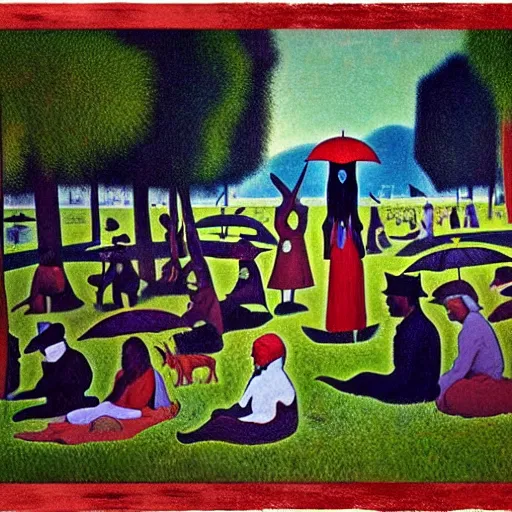 Prompt: a sunday afternoon on the island of la grande jatte in the style of pedro bell, parliament, funkadelic, george clinton, bootsy collins, the mothership, chocolate city