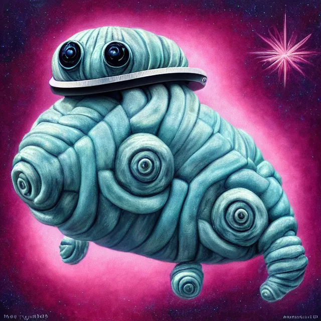 Image similar to a highly detailed tardigrade, it has a beautiful unconventional face, floating through deep space, elegant, hyperrealistic, digital painting, artstation, realism, concept art, pop, smooth, mythological, sharp focus, qualia, illustration, art by mark ryden 3 d 8 k ultra detailed