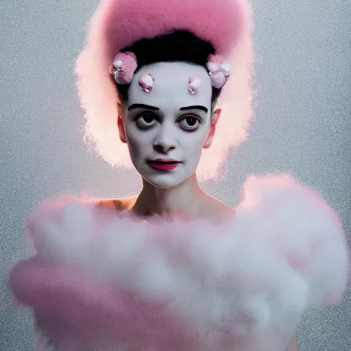 Prompt: portrait of a cute smiling bride of frankenstein with soft pink and white cotton fluffy balls floating in image, fashion photography, highly detailed, digital photography by jheronimus bosch and james jean and james rutkowski, fashion photography