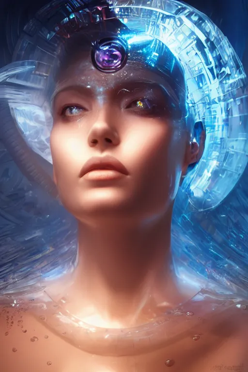 Prompt: a centered profile render of an alluring futuristic goddess with slight cyborg modifications surrounded by a underwater ink pour and flowing liquid gallium and sacred geometry, perfect body and face, powerful, cinematic, beautifully lit, by artgerm, by karol bak, 3 d, trending on artstation, octane render, 8 k