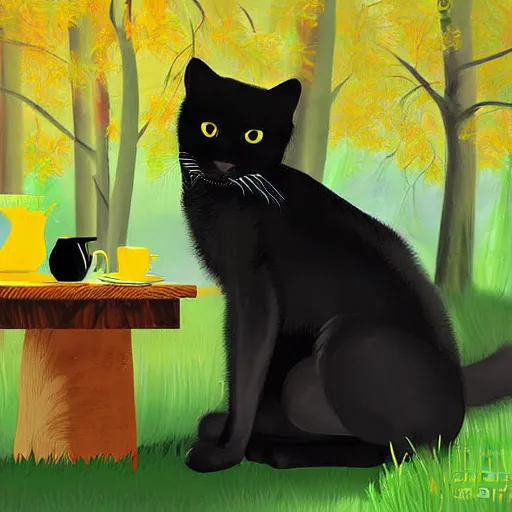 Image similar to digital art painting, golden retriever and a black kitty having a tea party in the forest