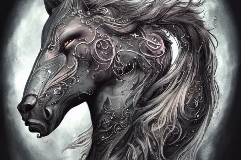 Image similar to a wlop 3 d render of very very very very highly detailed beautiful mystic portrait of a phantom undead horse with whirling galaxy around, tattoos by anton pieck, intricate, extremely detailed, digital painting, artstation, concept art, smooth, sharp focus, illustration, intimidating lighting, incredible art,