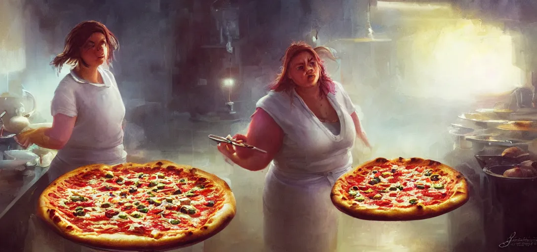 Image similar to a chubby female chef experimenting on a pizza, happy, mysterious, fog, magical, colorful, 8k, james gurney, greg rutkowski, john howe, artstation