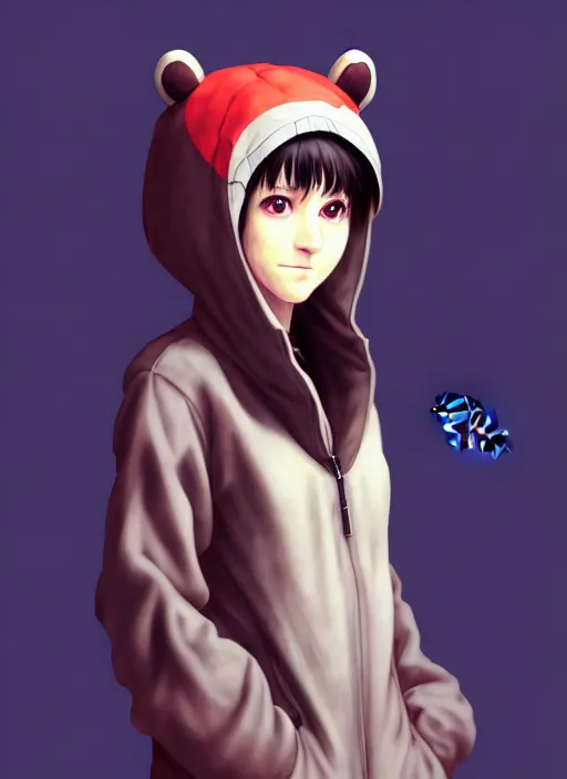 Prompt: a beautiful portrait painting of lain from serial experiments : lain wearing a bear onesie. character design by shinji aramaki, charlie bowater, ross tran, artgerm, and makoto shinkai