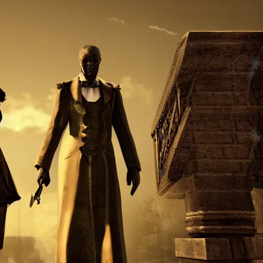 Image similar to a man and a woman standing next to each other, a screenshot by The Mazeking, deviantart, international gothic, xbox 360 graphics, dynamic pose, playstation 5 screenshot,