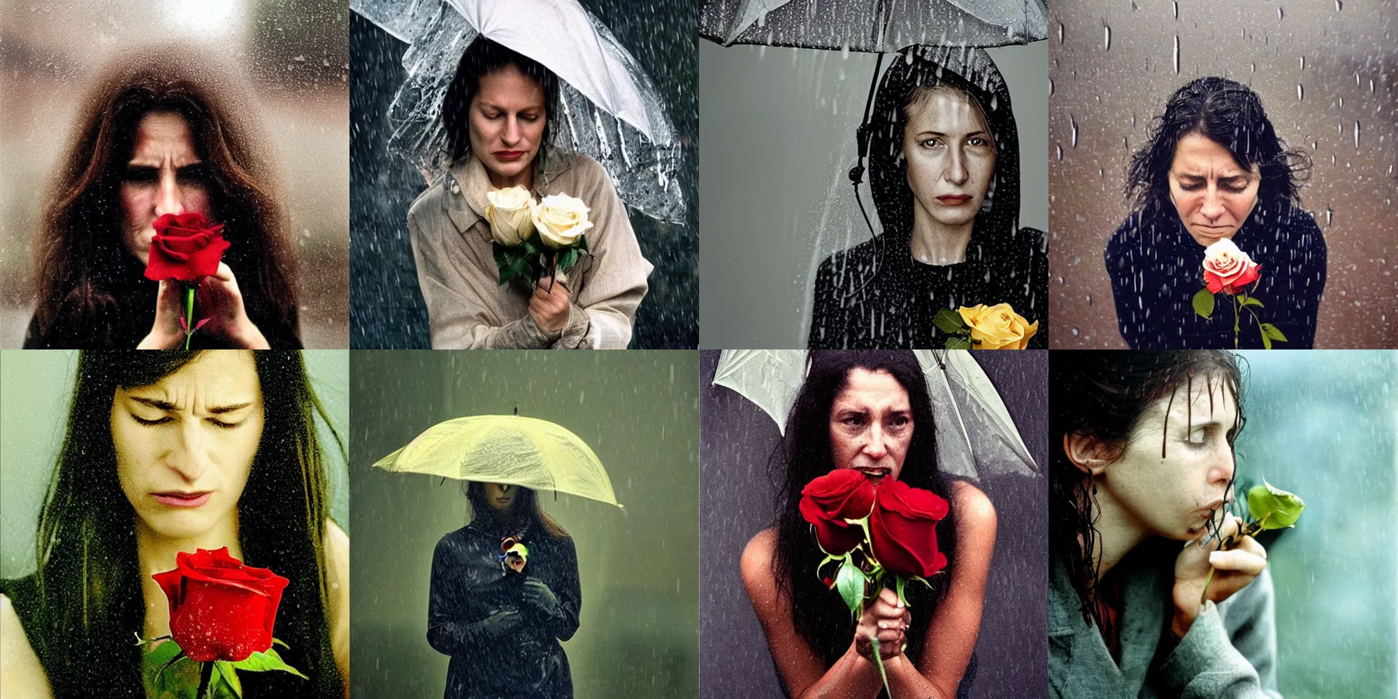 Prompt: a photo of a teary - eyed woman clutching a rose in the rain!!!!!!!!!!, photorealistic!!!!!, photo by annie leibovitz, moody