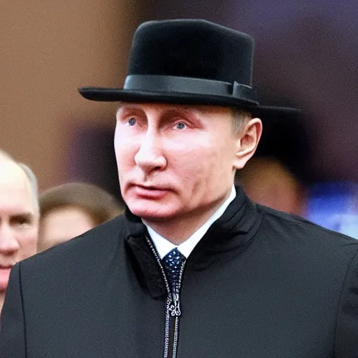 Image similar to putin wearing a black leather hat, frontal view, cool looking