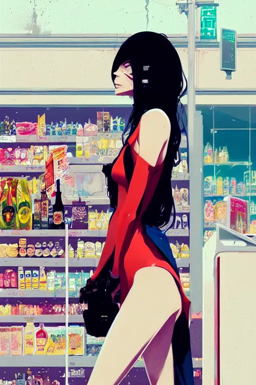 Prompt: a ultradetailed beautiful panting of a stylish woman standing in a convenience store, by conrad roset, greg rutkowski and makoto shinkai trending on artstation