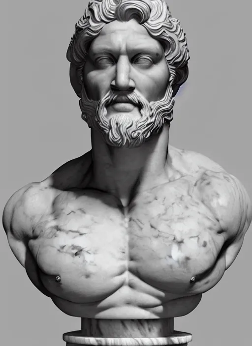 Prompt: stylized carrara marble ornate statue bust made of marble of hercules, perfect symmetrical body, perfect symmetrical face, hyper realistic, hyper detailed, by johannen voss, by michelangelo, octane render, blender, 8 k, displayed in pure white studio room