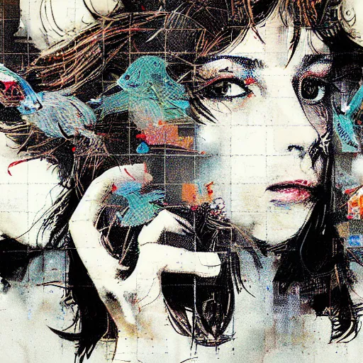 Image similar to portrait of a daydreaming woman being progressively rasterized into pixels, surrounded by digital birds, by yoji shinkawa, esao andrews and dave mckean