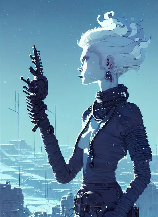 Image similar to highly detailed portrait of wasteland punk long curly white icey shard hair tribal lady, stray wiring by atey ghailan, james gilleard, by joe fenton, by greg rutkowski, by greg tocchini, by kaethe butcher, 4 k resolution, gradient blue, cyan, black and white color scheme!!! ( ( snowy glaciated robotic dystopian city background ) )