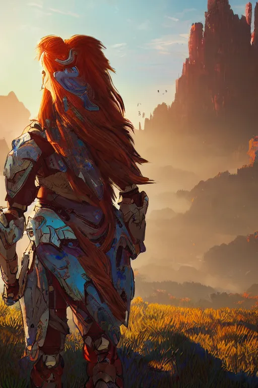 Image similar to combination suit armor aloy horizon forbidden west horizon zero dawn radiating a glowing aura global illumination ray tracing hdr fanart arstation by ian pesty and alena aenami artworks in 4 k tribal robot ninja mask helmet backpack