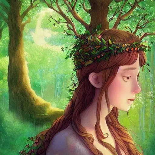 Image similar to “portrait of a pretty goddess in a magical forest, beautiful, highly detailed, photoshop, digital art, ghibli”