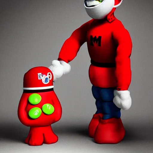 Prompt: eminem as the red m character standing on a floor coverd with m & m candies, m & m candy dispenser!!!, round red m & m figure, m & m mascot, m & m figure, m & m plush, unreal engine, studio lighting, figurine, unreal engine, volumetric lighting, artstation, cosplay, by hans bellmer