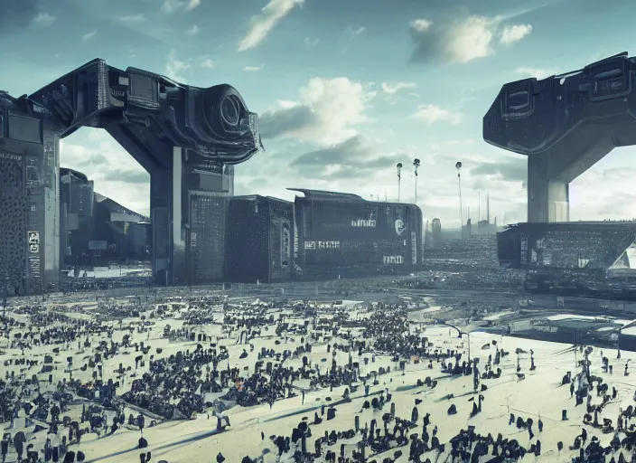 Prompt: ultra realistic, mainstage design of harder styles music festival in 2 0 5 0, futuristic, brutalism, octane render, sharp focus cinematic lighting, dramatic perspective, highly detailed, 4 k, 8 k