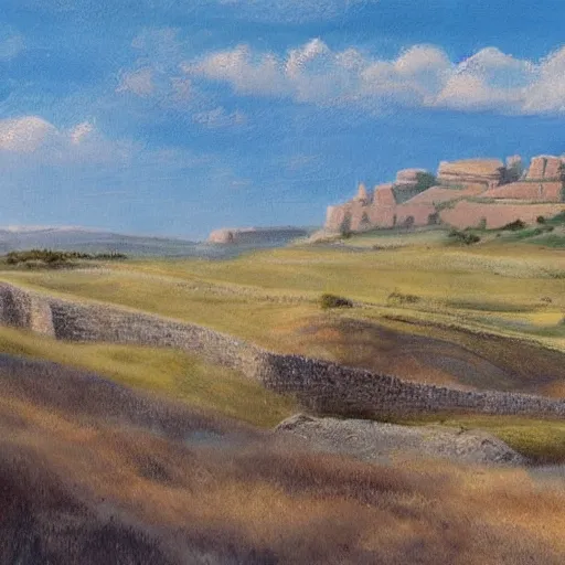 Image similar to concept art : an italian landscape in bright daylight. soft rolling hills in the foreground. in the distance a small mesa of white marble can be seen. a stone henge is standig atop the mesa