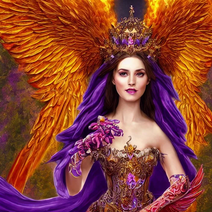 Image similar to Princess sorceress with red flaming bird wings on her back and sitting on an ornate throne dressed in a fancy long purple dress, beautiful realistic symmetrical defined face, Slight smile and open eyes, anatomically correct, Fantasy, Full Body Portrait, High detail, hyper realistic