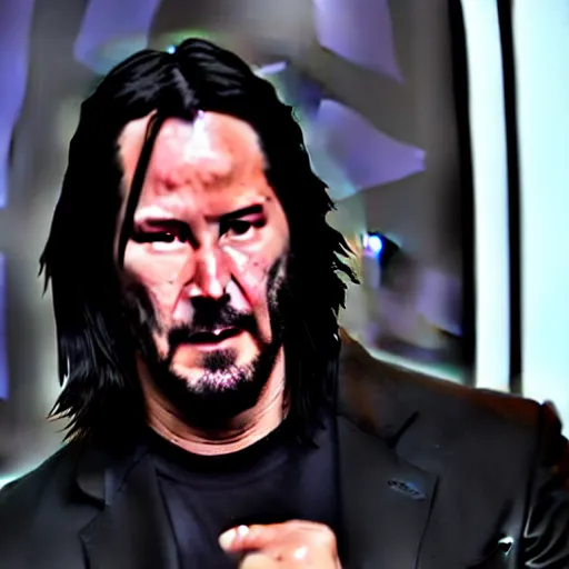 Image similar to Keanu Reeves facepalming over how bad Cyberpunk 2077 was