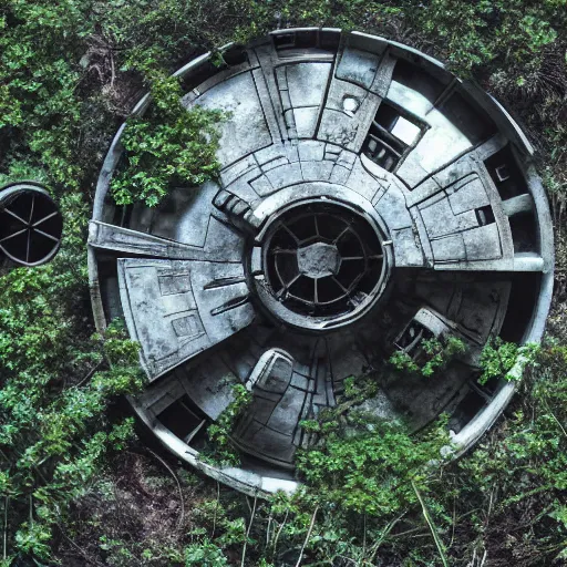 Image similar to overgrown desolate abandoned millenium falcon