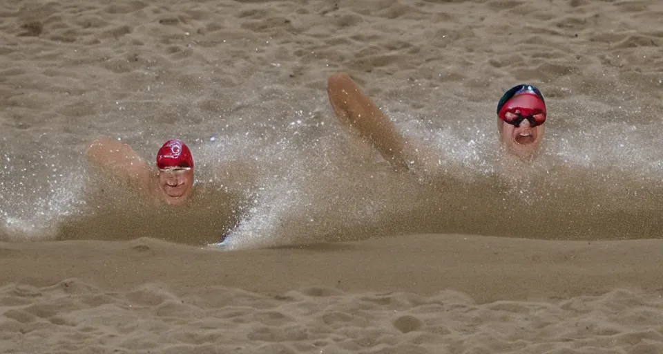 Image similar to olympic swimming in sand instead of water, extremely coherent, motion blur