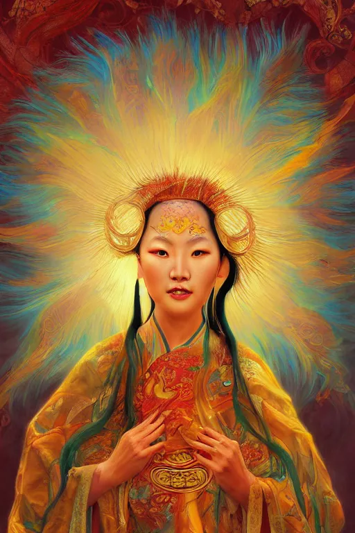 Image similar to oil painting, ancient chinese goddess, the incarnation of the sun bird, sunlit, paint texture, digital painting, highly detailed, artstation, sharp focus, illustration, concept art