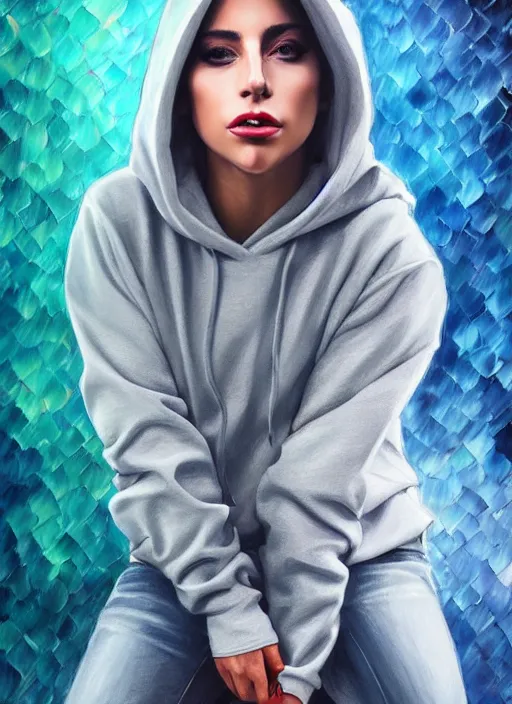 Prompt: lady gaga,, gray hoodie, jeans, tiara, half body shot, path traced, highly detailed, high quality, digital painting, alena aenami, leonid afremov, lilia alvarado, shinji aramaki, karol bak, alphonse mucha, tom bagshaw